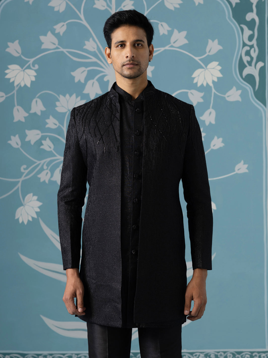 Black Textured Embroidered Open Indo Set