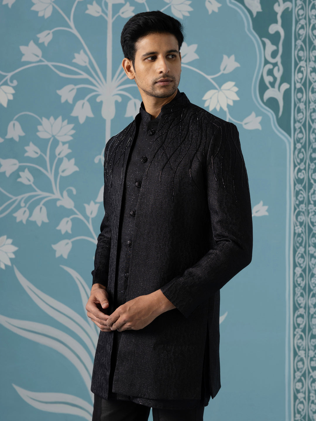 Black Textured Embroidered Open Indo Set