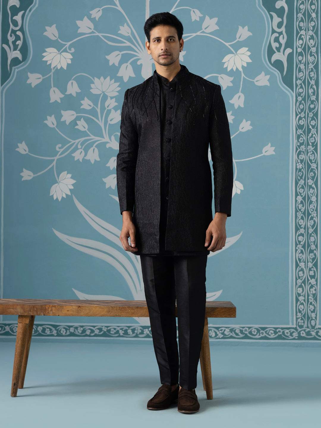 Black Textured Embroidered Open Indo Set