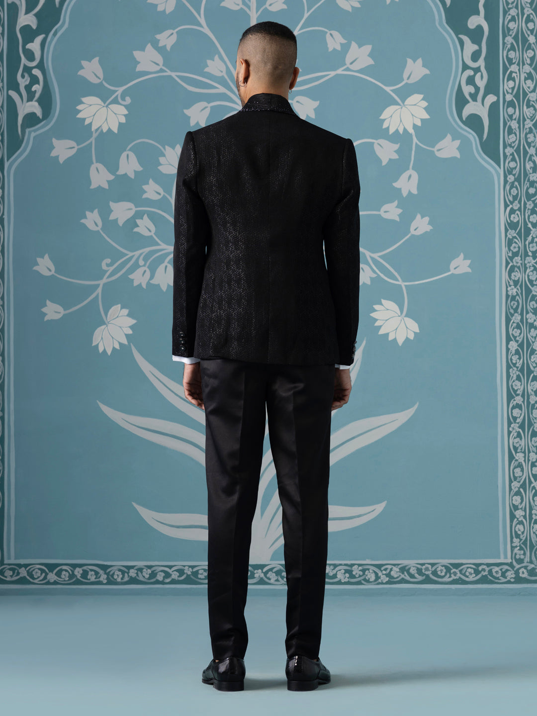 Black Self-Textured Tuxedo Set