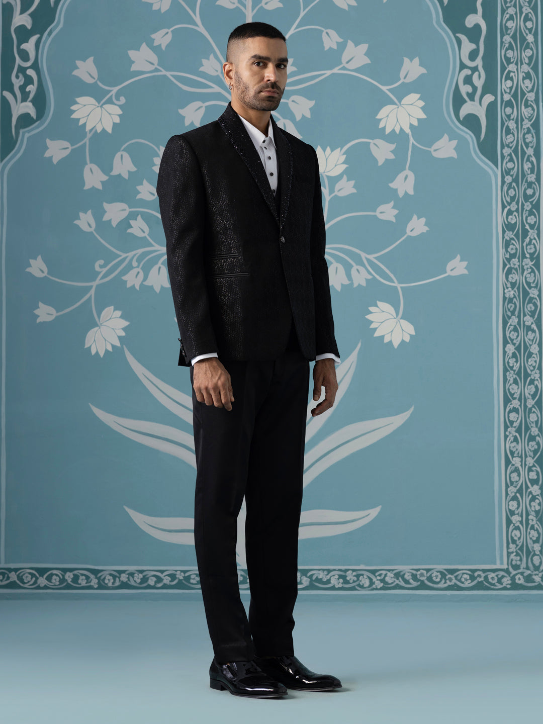 Black Self-Textured Tuxedo Set