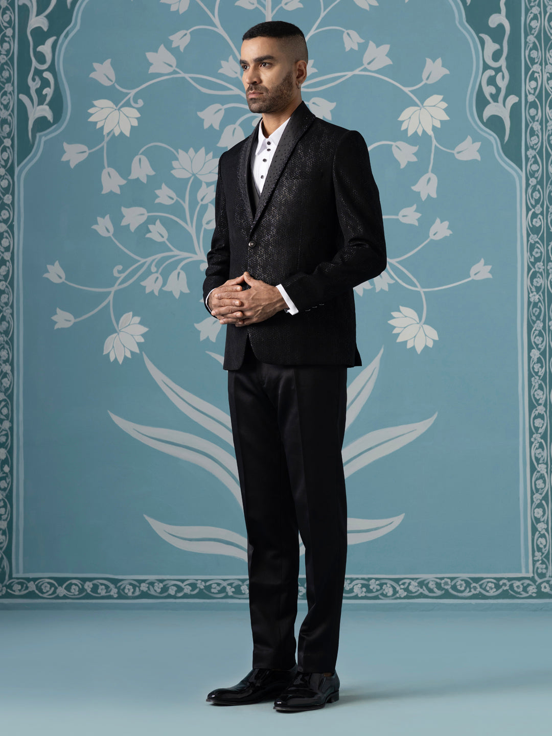 Black Self-Textured Tuxedo Set