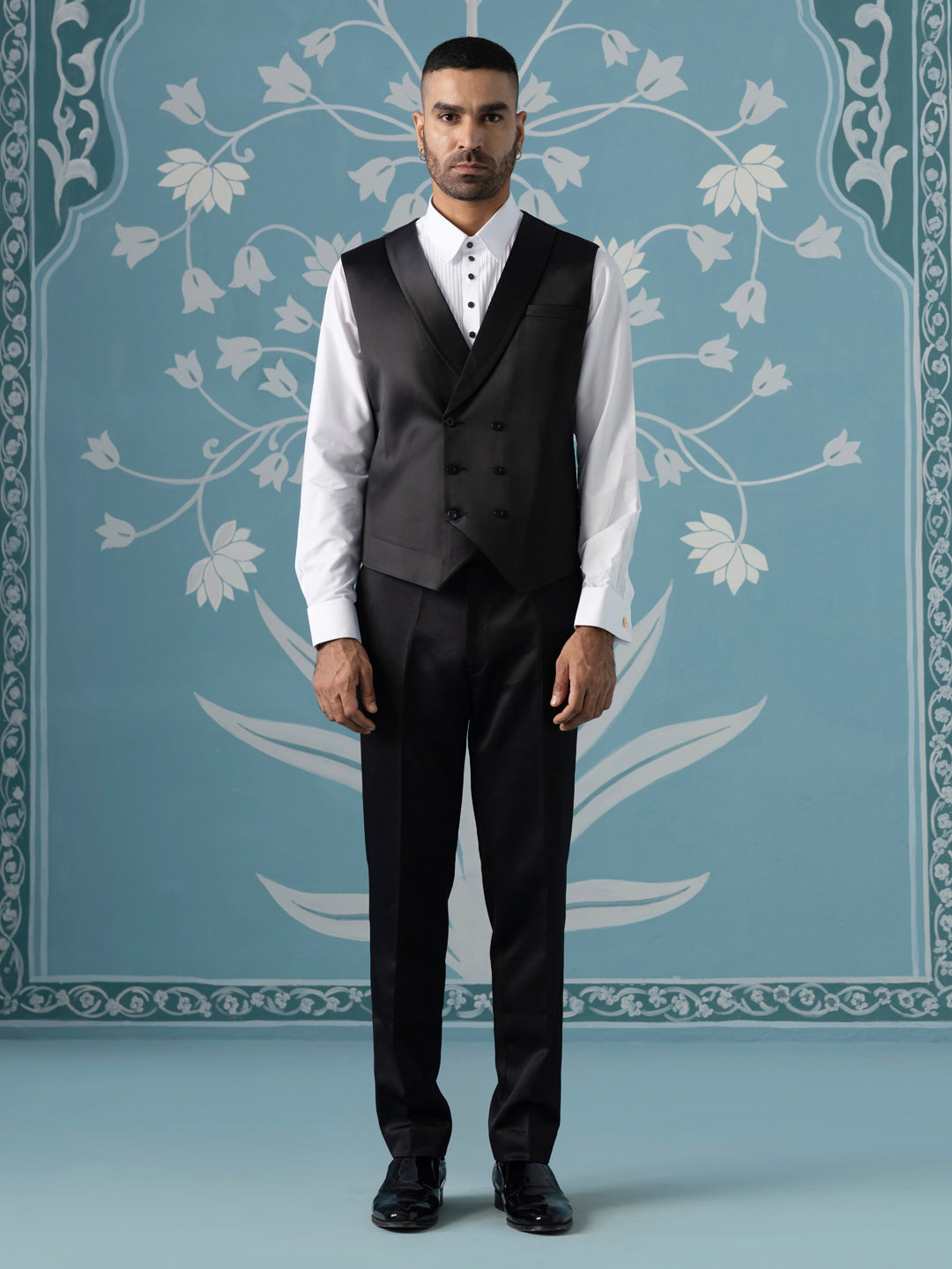 Black Self-Textured Tuxedo Set