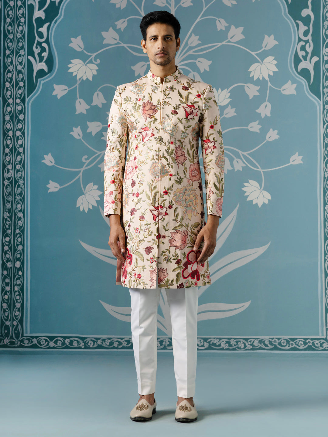 Cream Textured Sherwani with All-Over Floral Embroidery Set