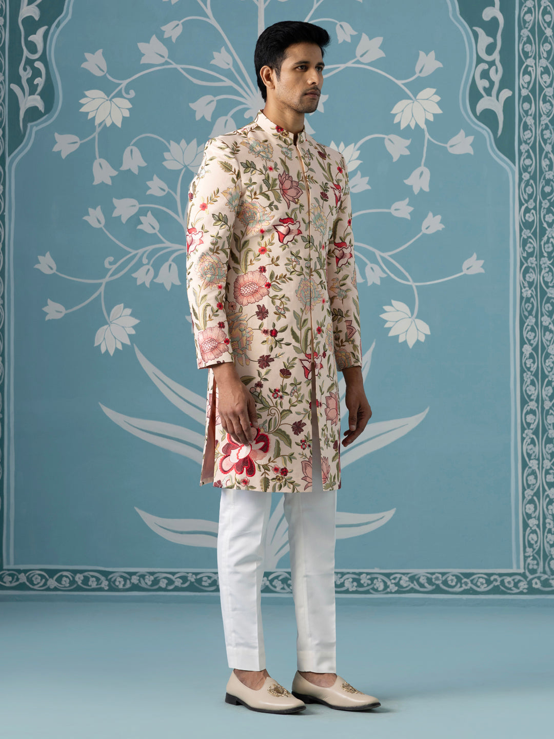 Cream Textured Sherwani with All-Over Floral Embroidery Set