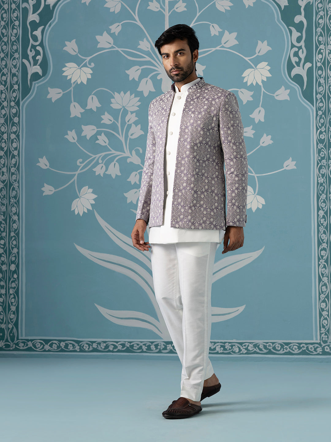 light lavender open Indo set with white embroidery