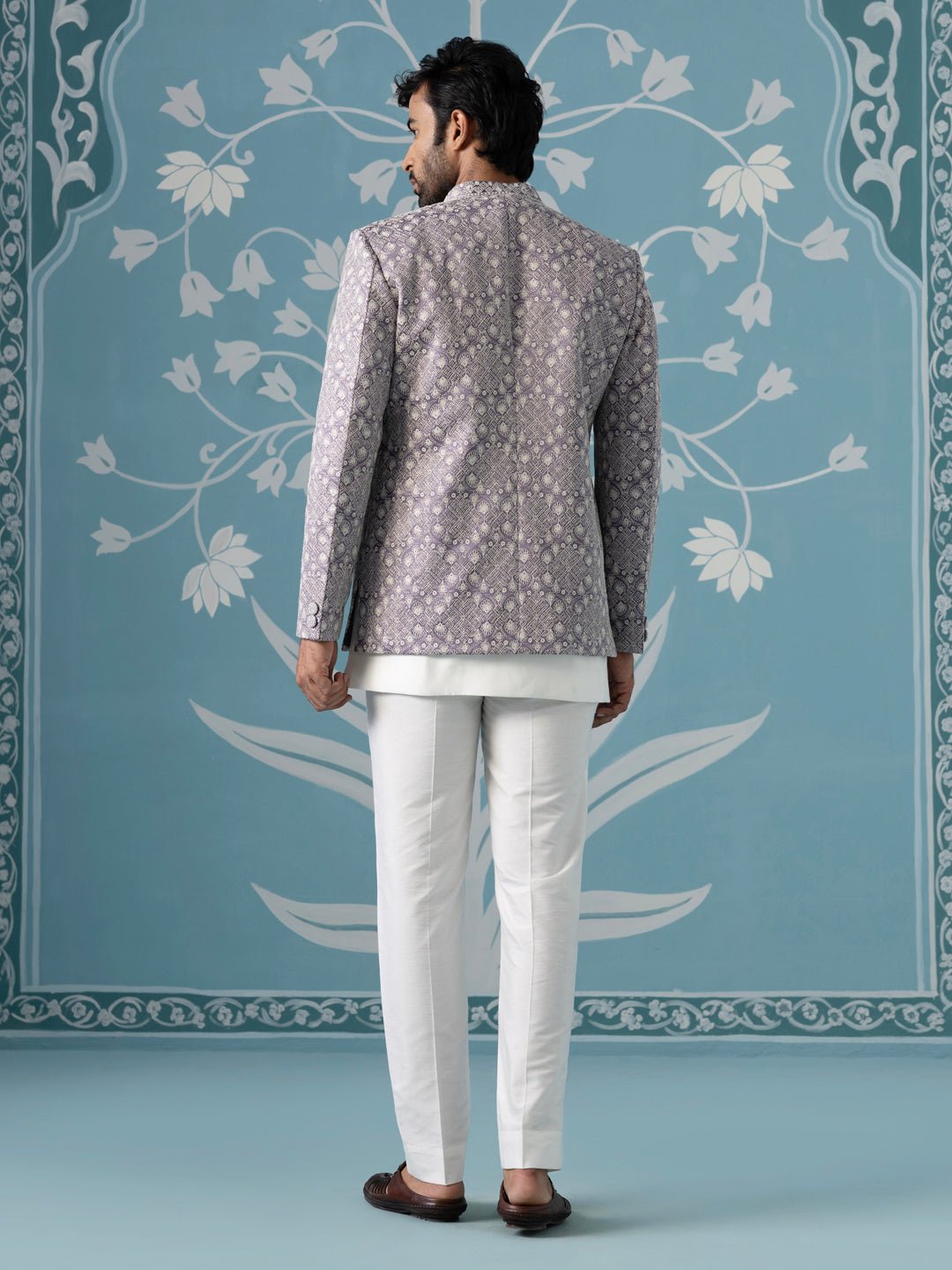 light lavender open Indo set with white embroidery