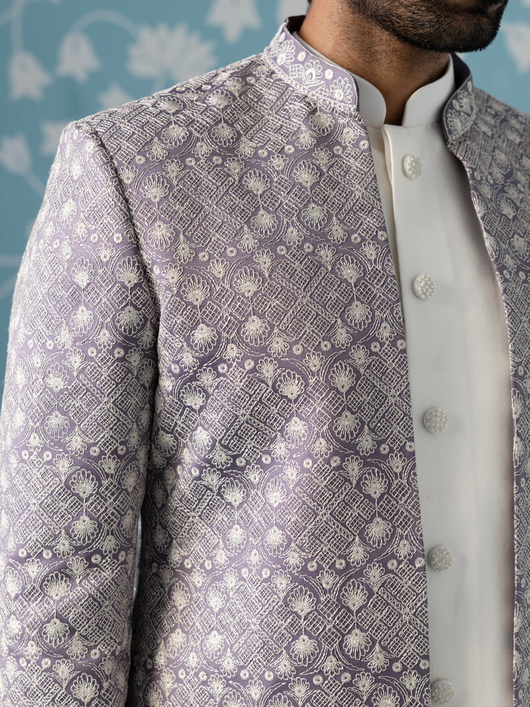 light lavender open Indo set with white embroidery