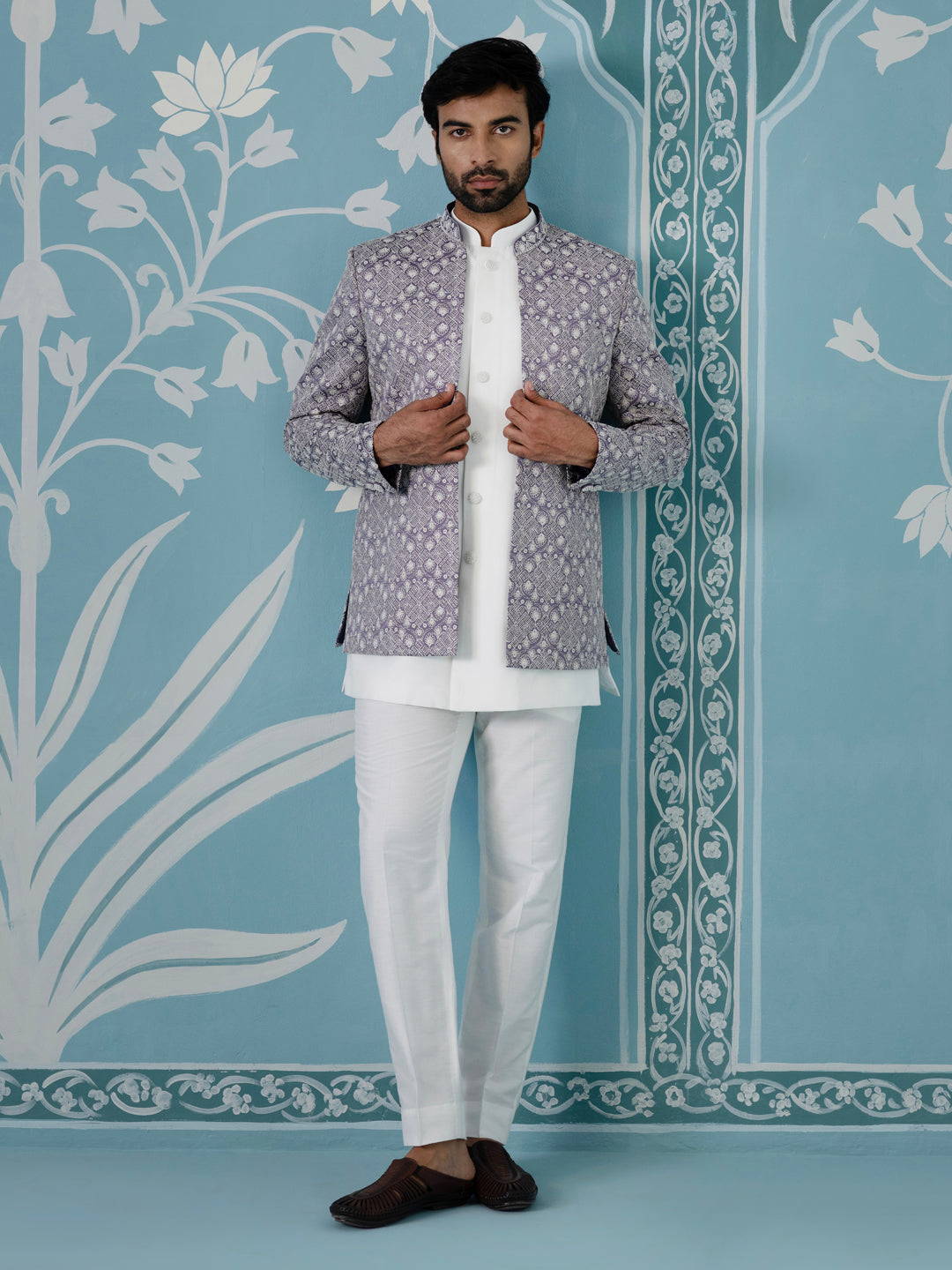 light lavender open Indo set with white embroidery