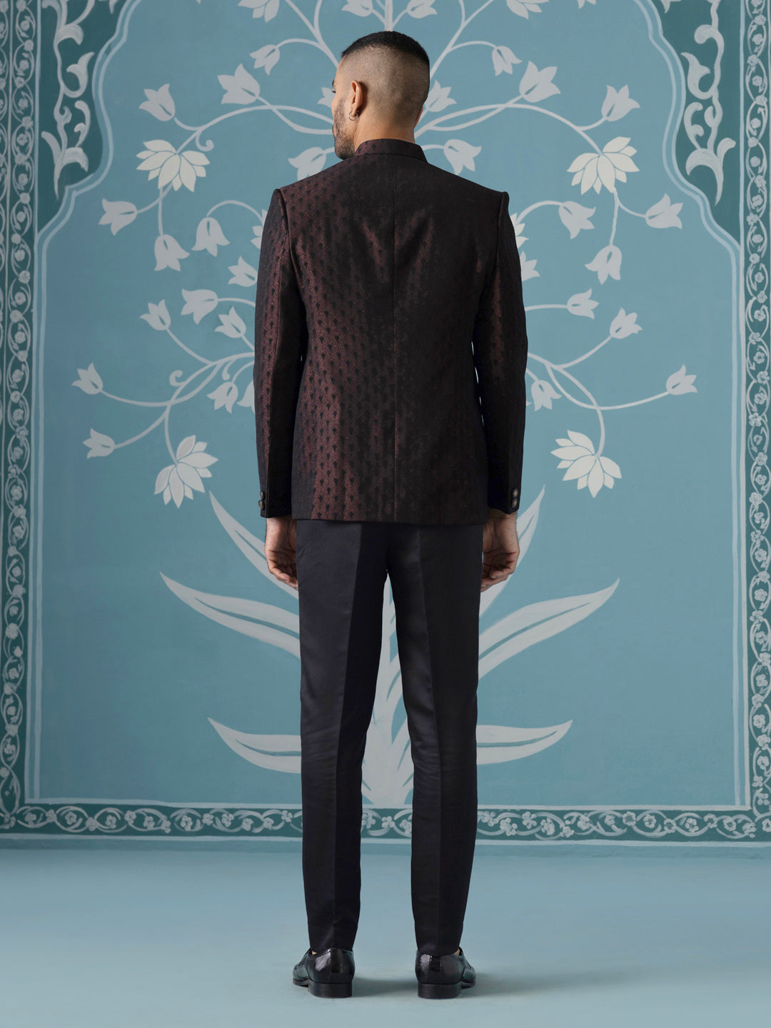 Black Maroon Textured Bandhgala Suit