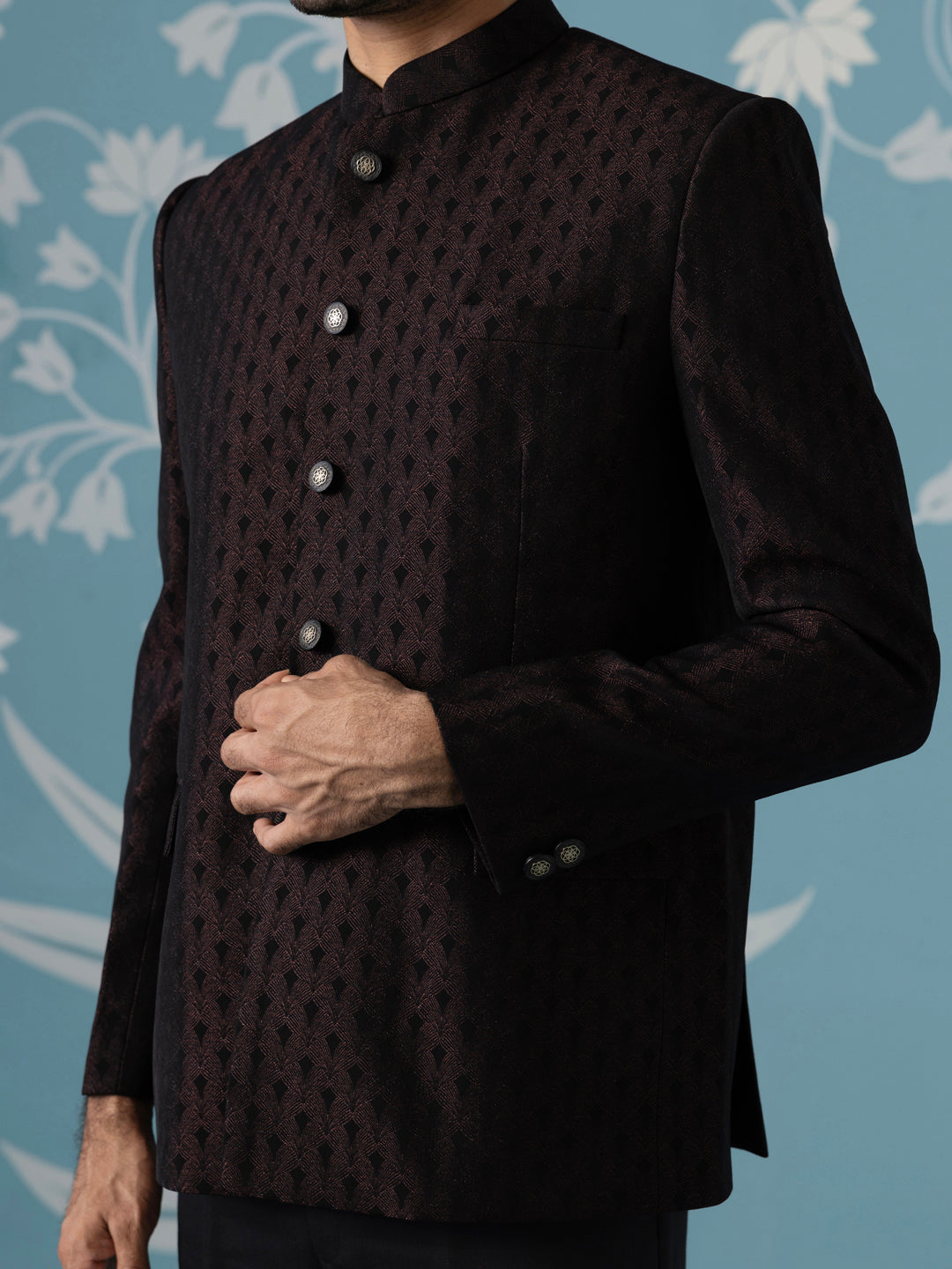 Black Maroon Textured Bandhgala Suit