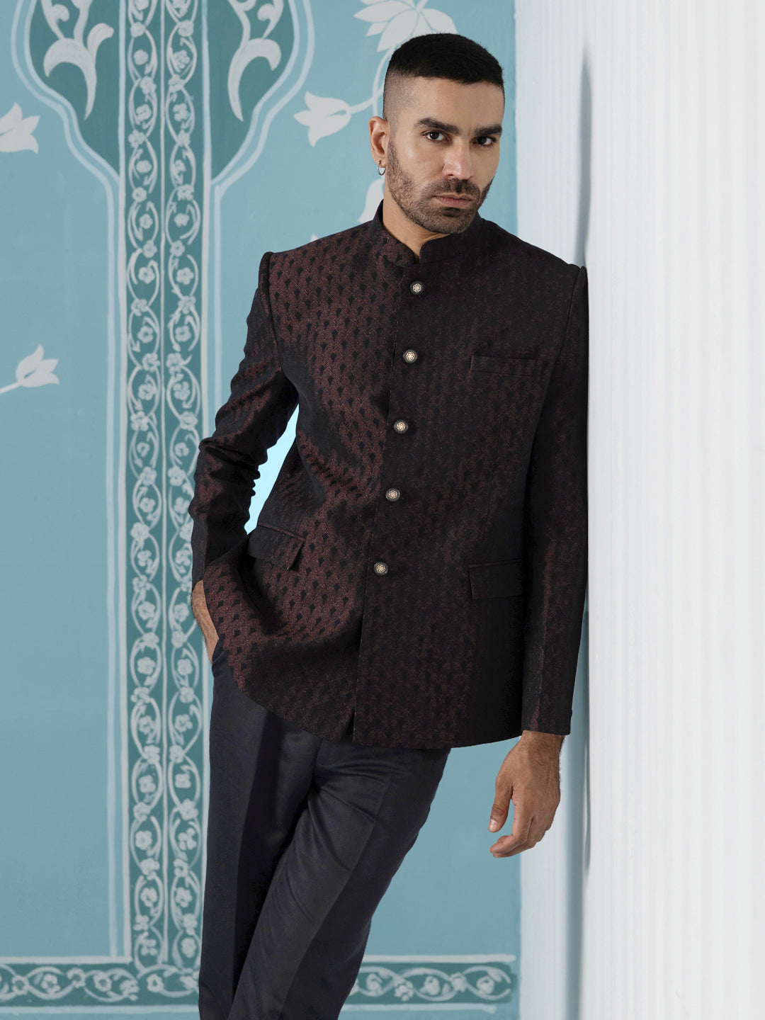 Black Maroon Textured Bandhgala Suit