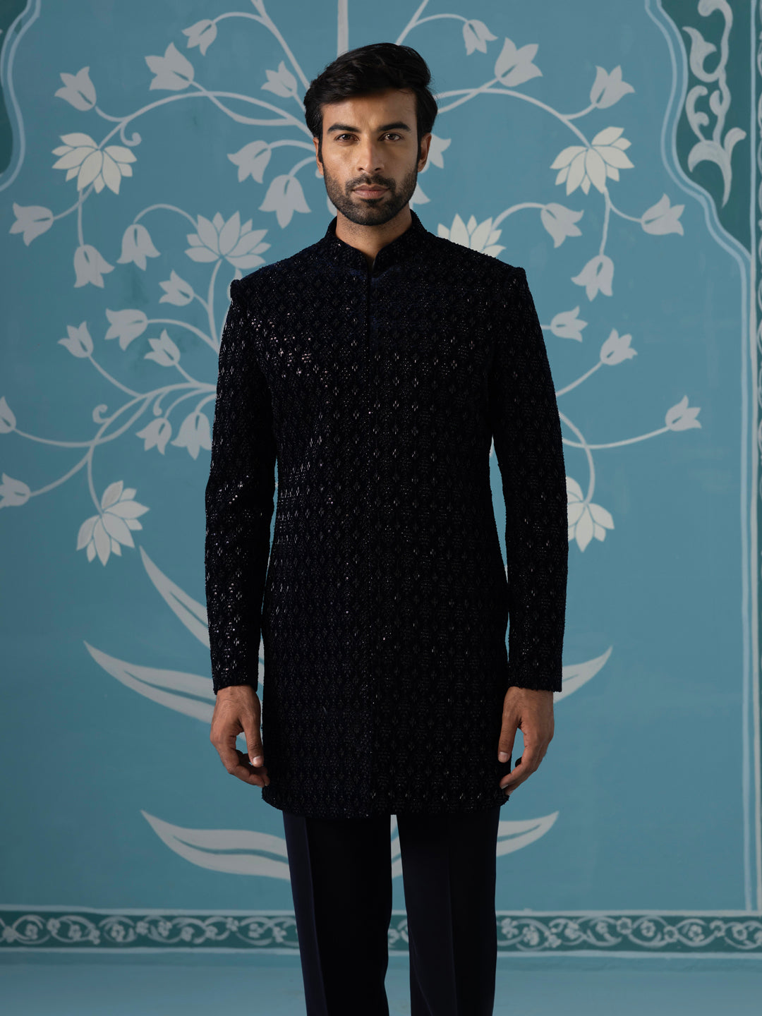 Blue Velvet Embroidered Short Indo Set