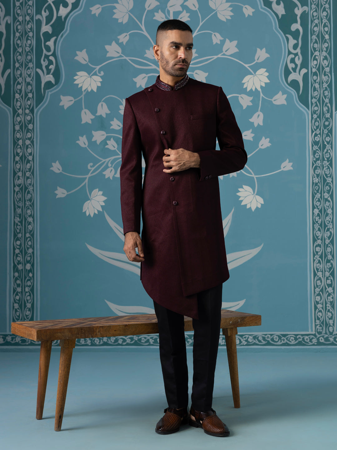Maroon angrakha embroidered Indo set