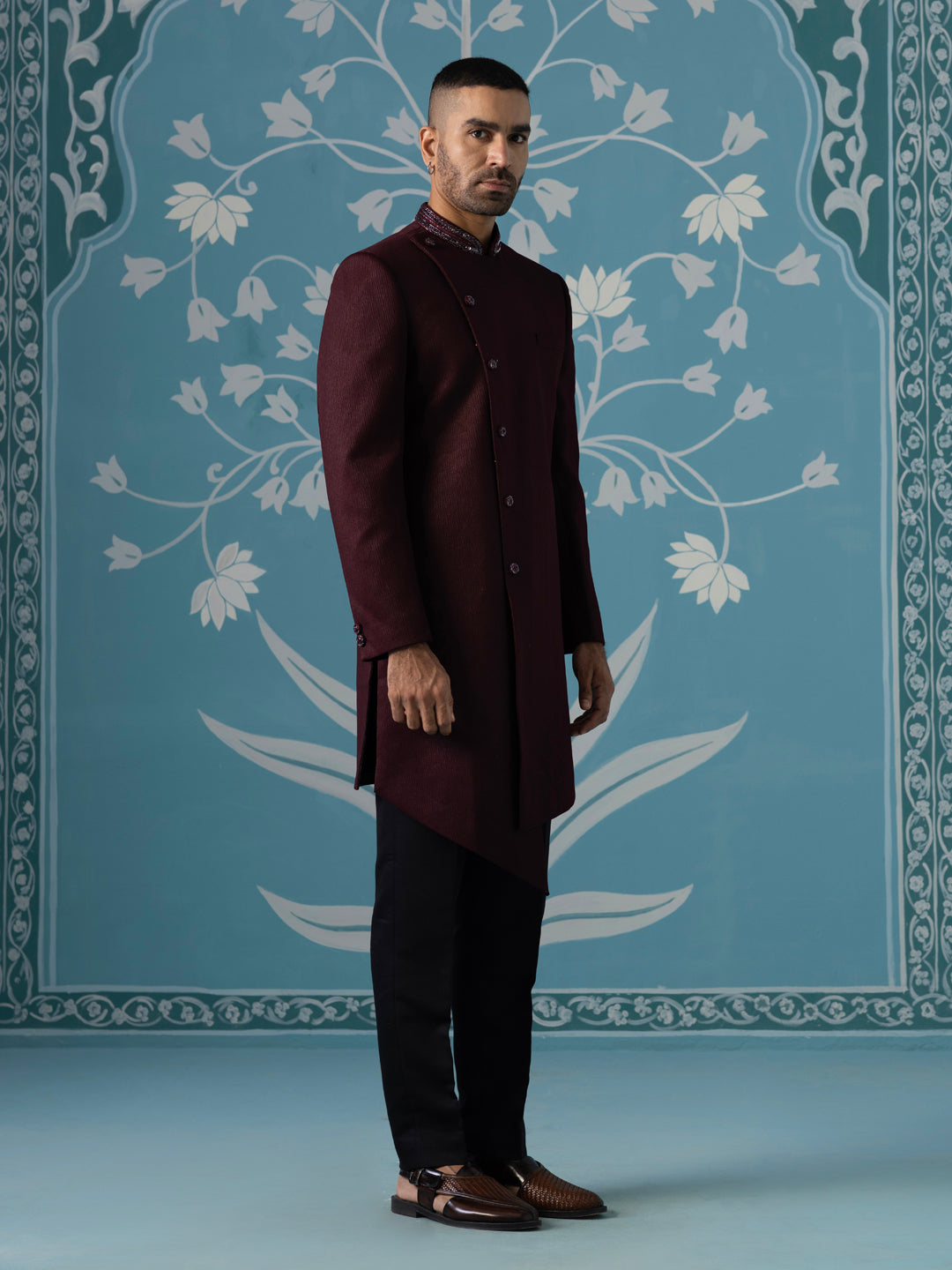 Maroon angrakha embroidered Indo set