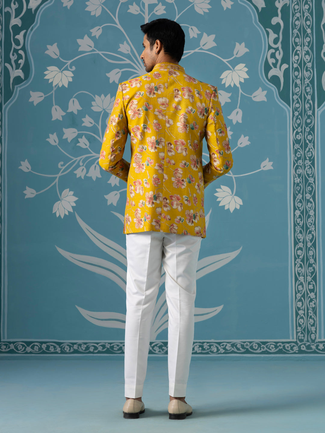 Mustard Floral Bandhgala Jacket Set