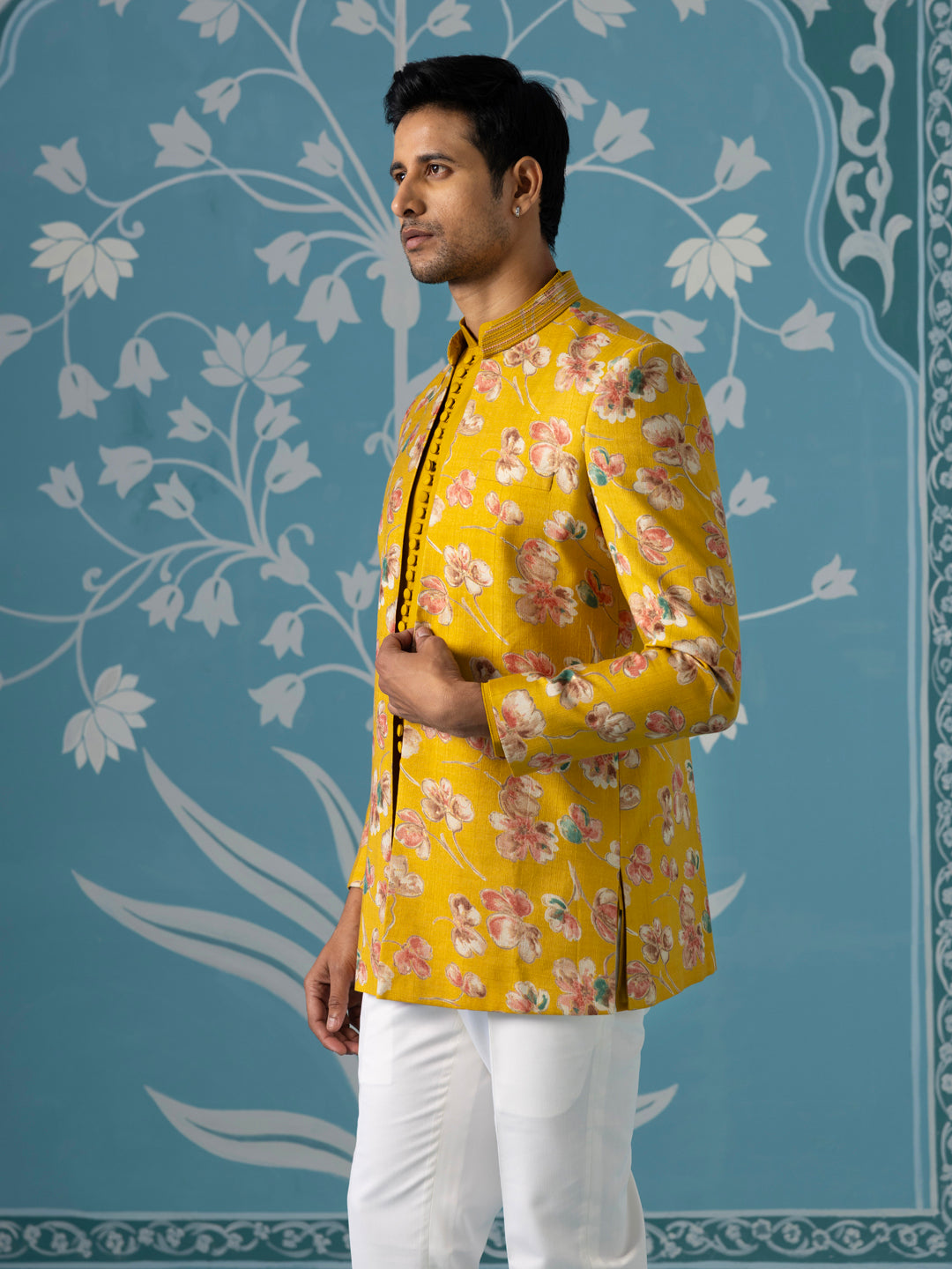 Mustard Floral Bandhgala Jacket Set