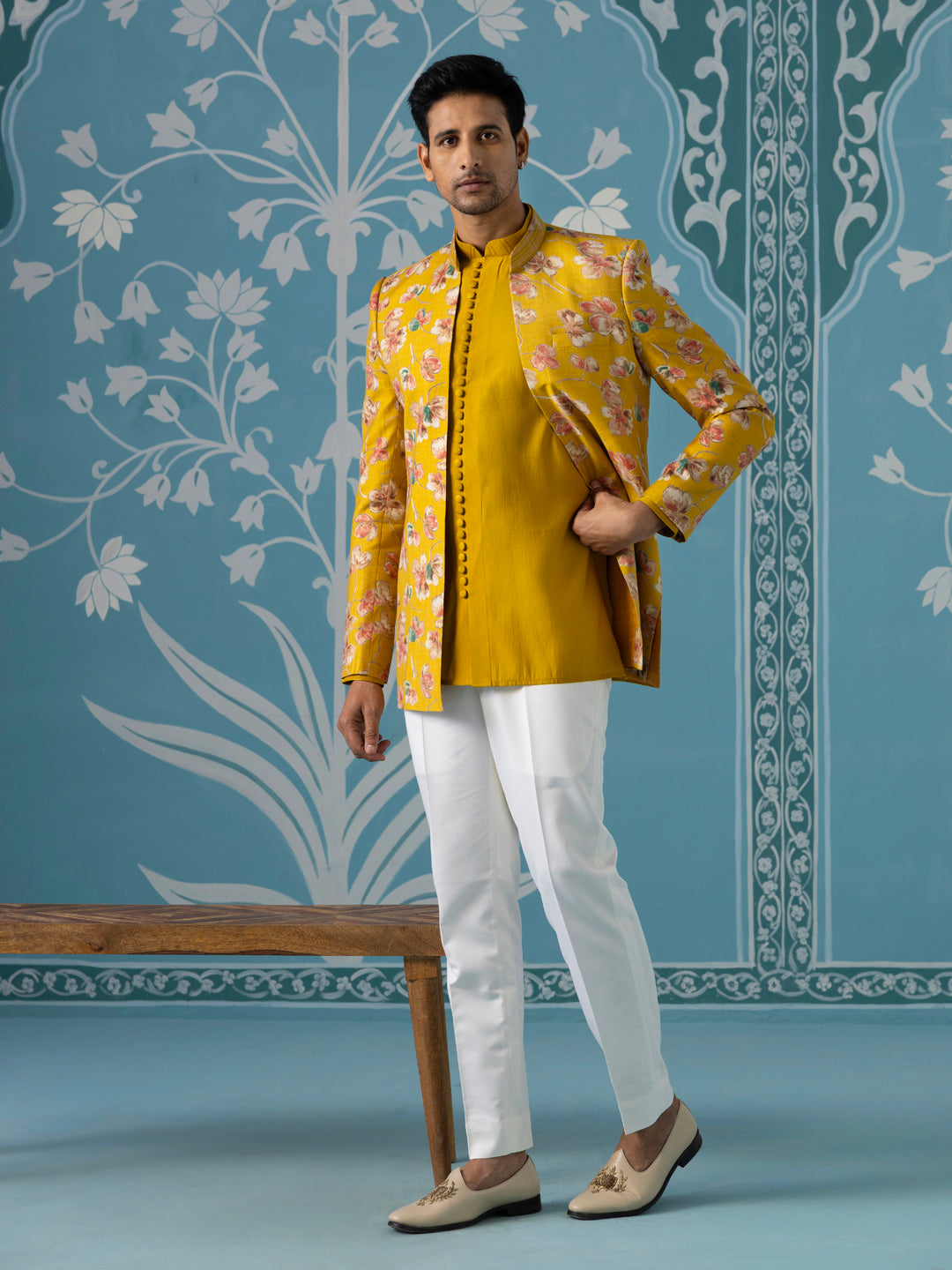 Mustard Floral Bandhgala Jacket Set