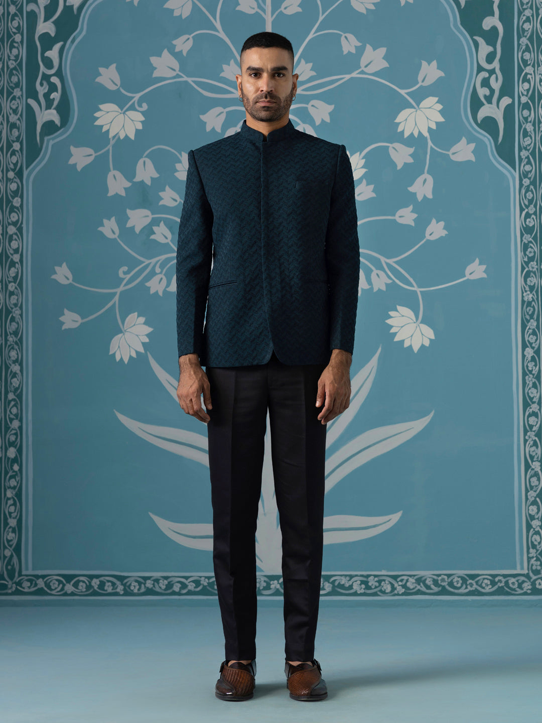 Teal Blue Textured Bandhgala Suit