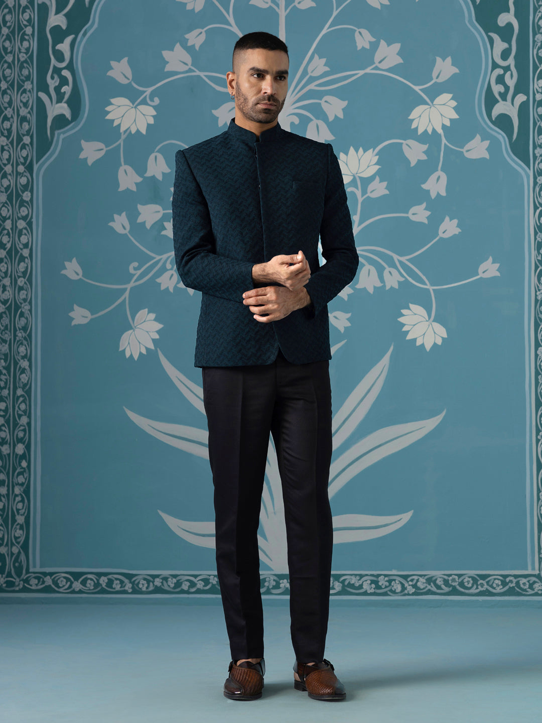 Teal Blue Textured Bandhgala Suit