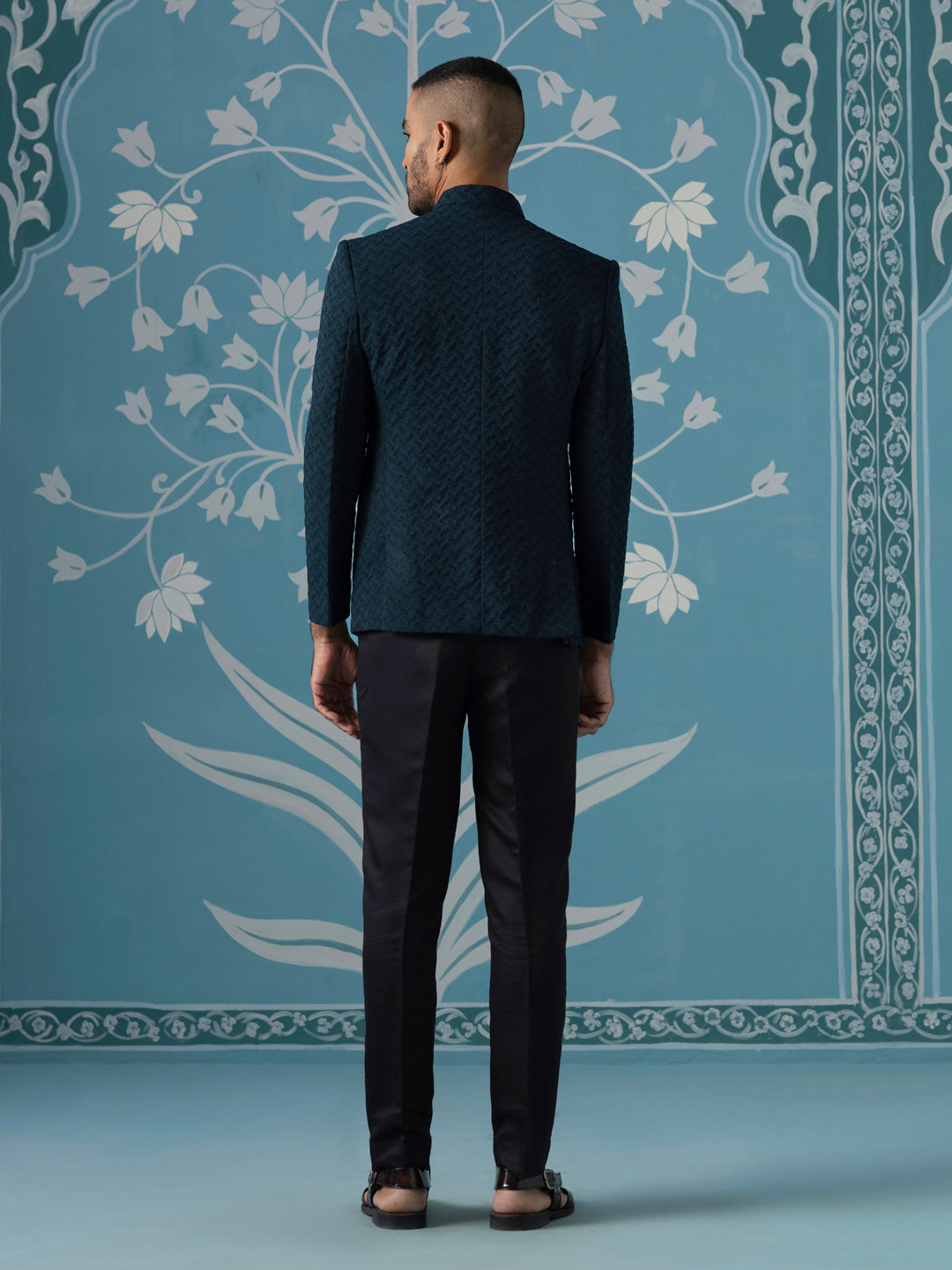 Teal Blue Textured Bandhgala Suit