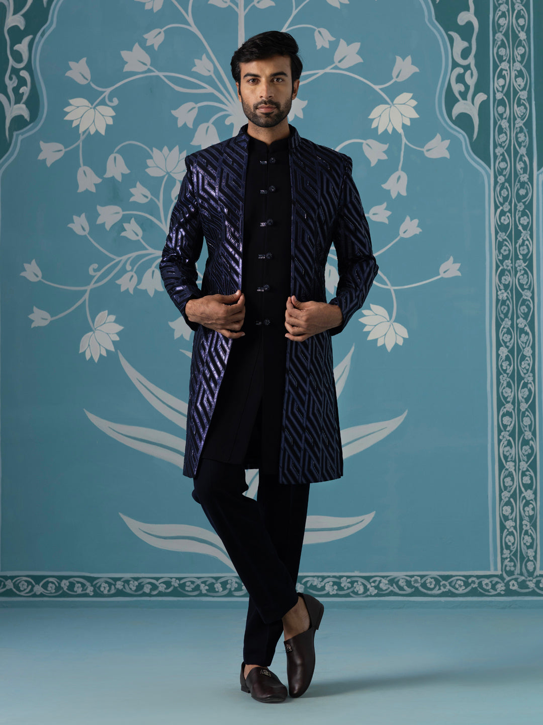 Dark blue close neck sherwani set