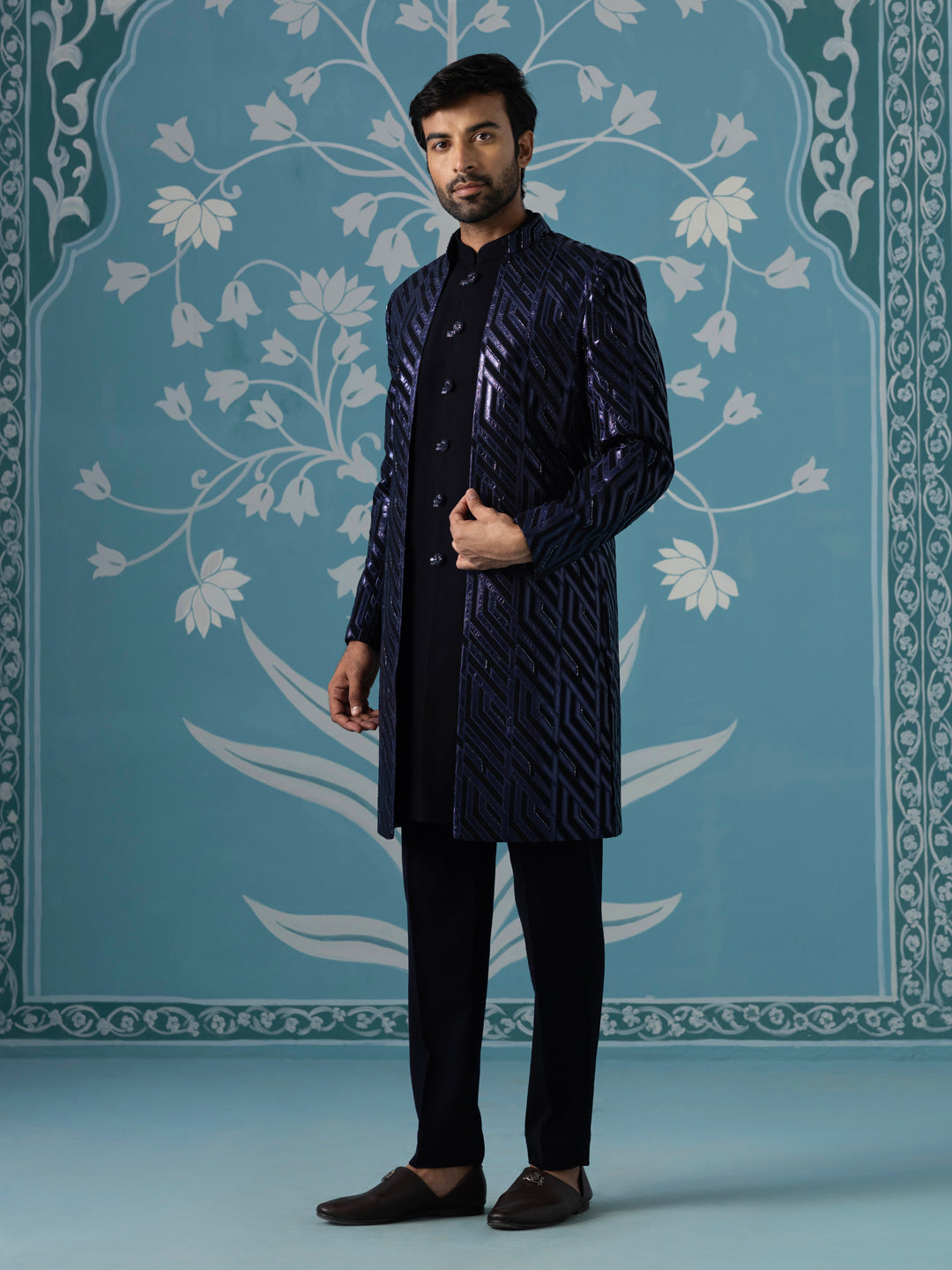 Dark blue close neck sherwani set