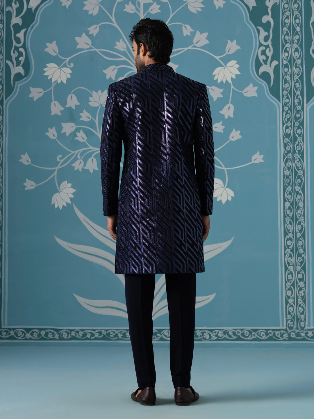 Dark blue close neck sherwani set