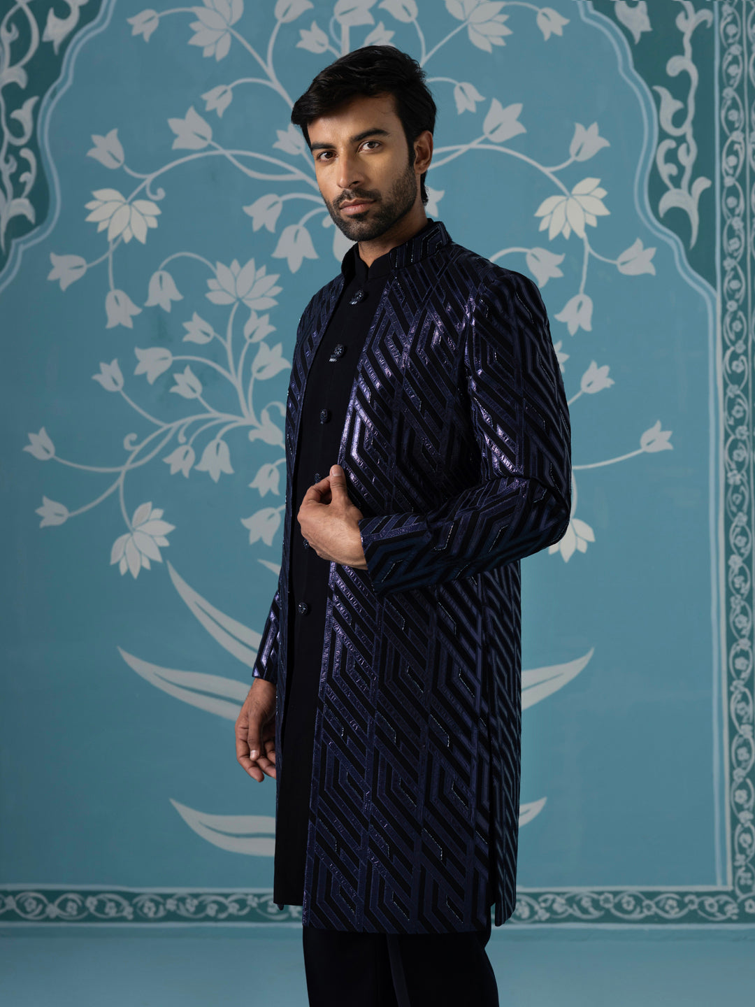 Dark blue close neck sherwani set