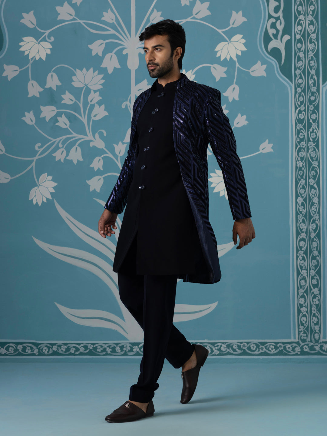Dark blue close neck sherwani set