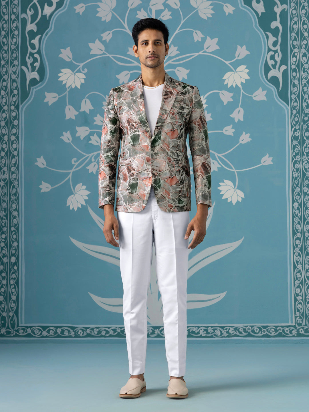 Printed Blazer with Intricate Thread Embroidery
