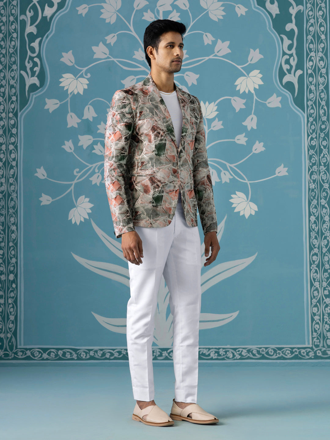 Printed Blazer with Intricate Thread Embroidery