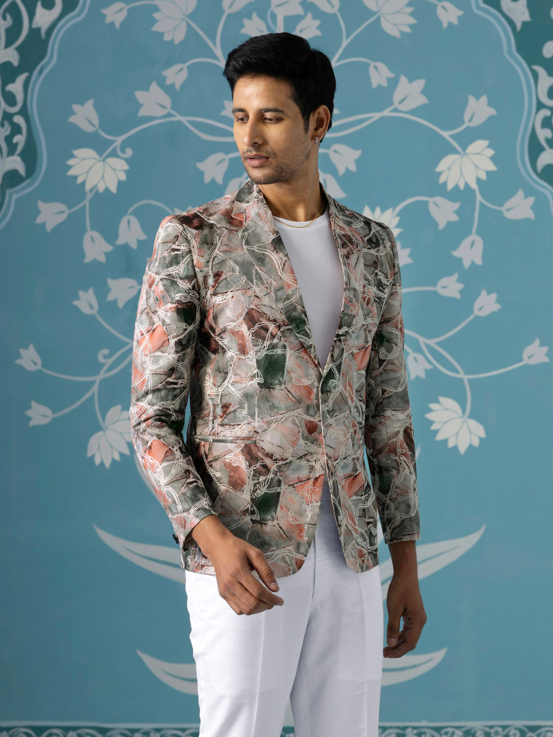 Printed Blazer with Intricate Thread Embroidery