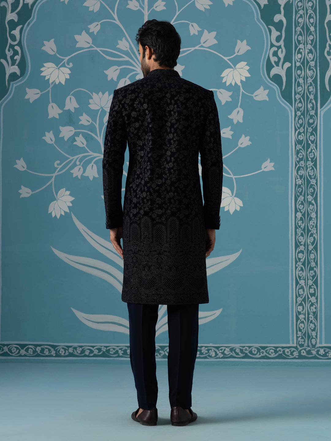 Black Velvet Western-Style Sherwani with Computer & Hand Embroidery Set