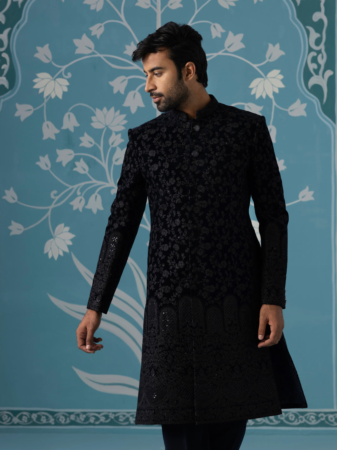 Black Velvet Western-Style Sherwani with Computer & Hand Embroidery Set