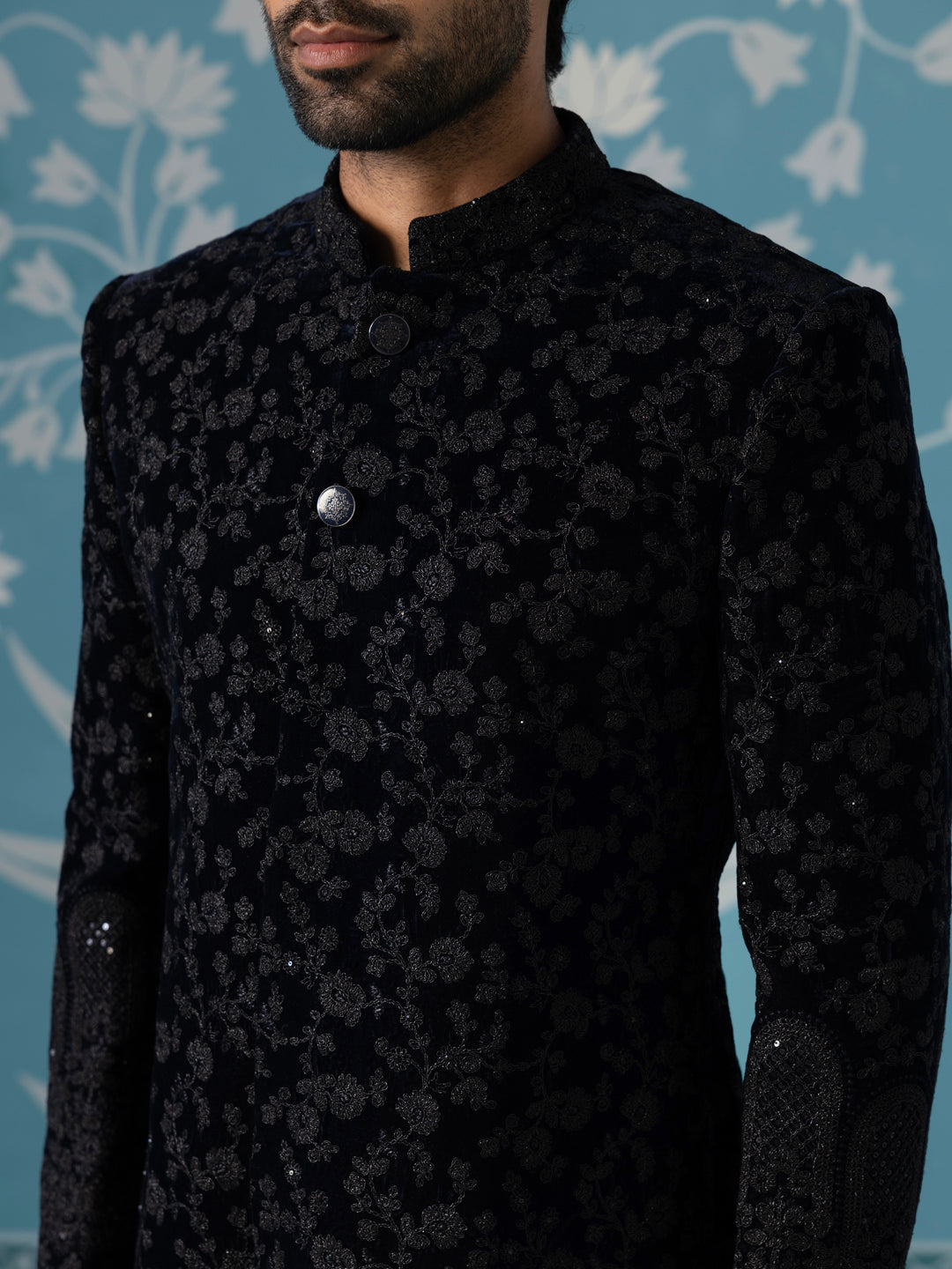 Black Velvet Western-Style Sherwani with Computer & Hand Embroidery Set