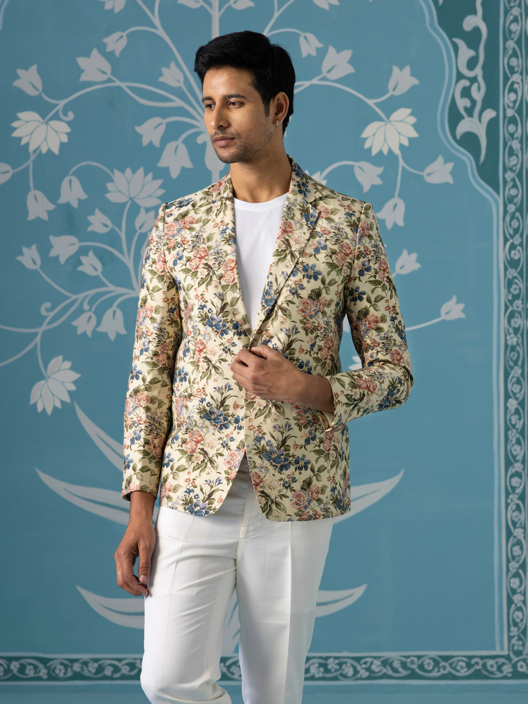 Beige Floral Printed Blazer Set