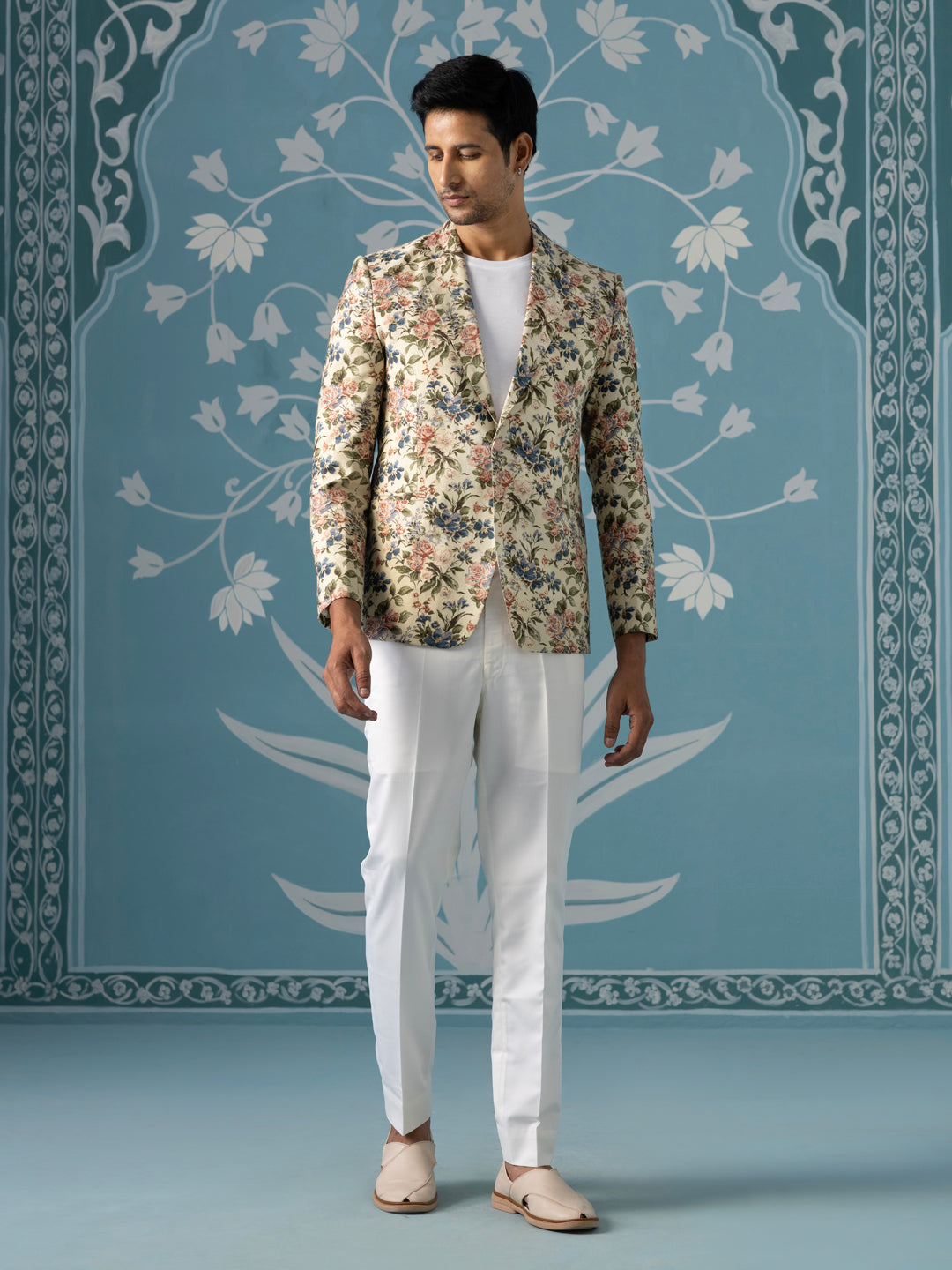 Beige Floral Printed Blazer Set