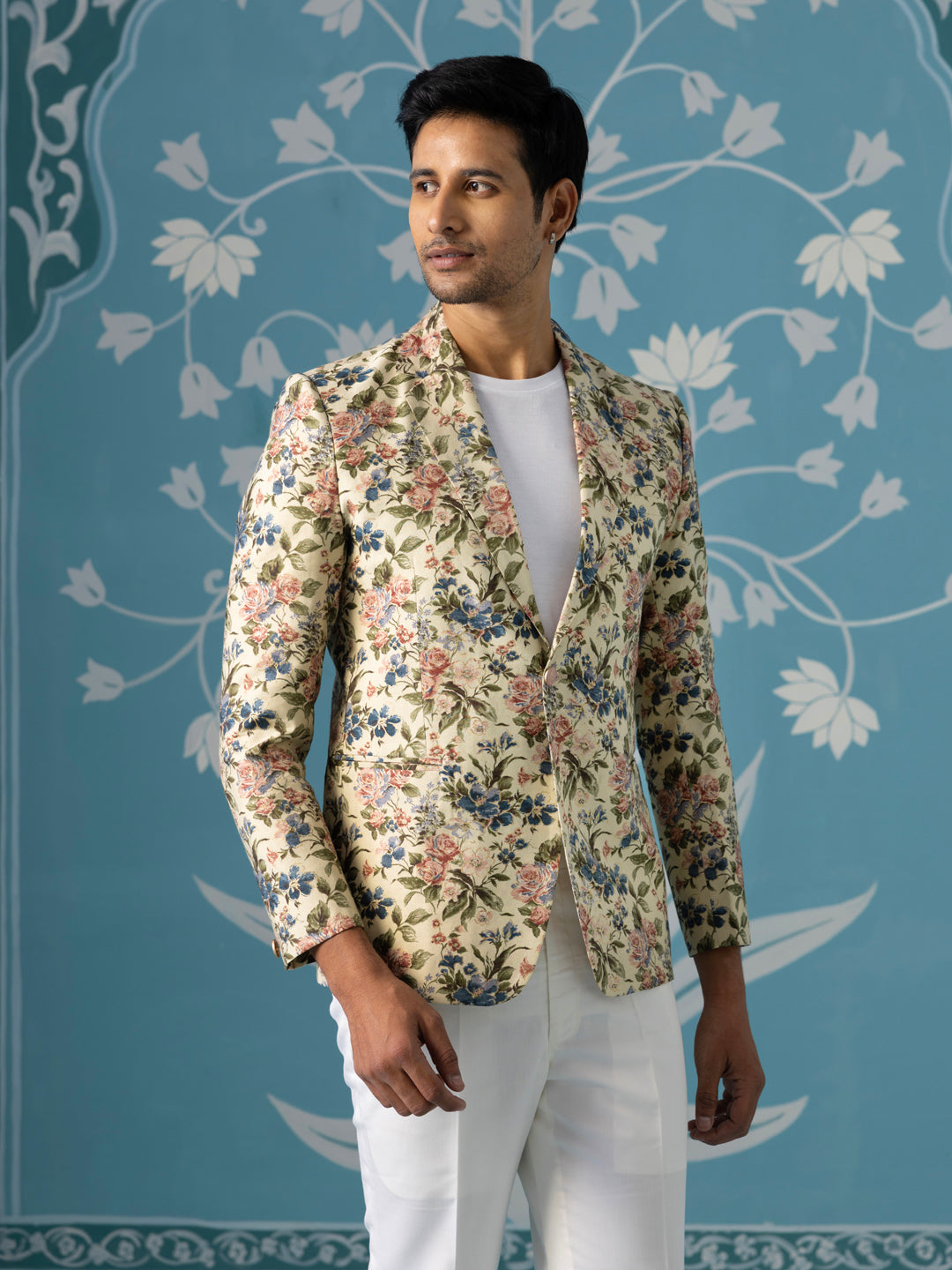 Beige Floral Printed Blazer Set