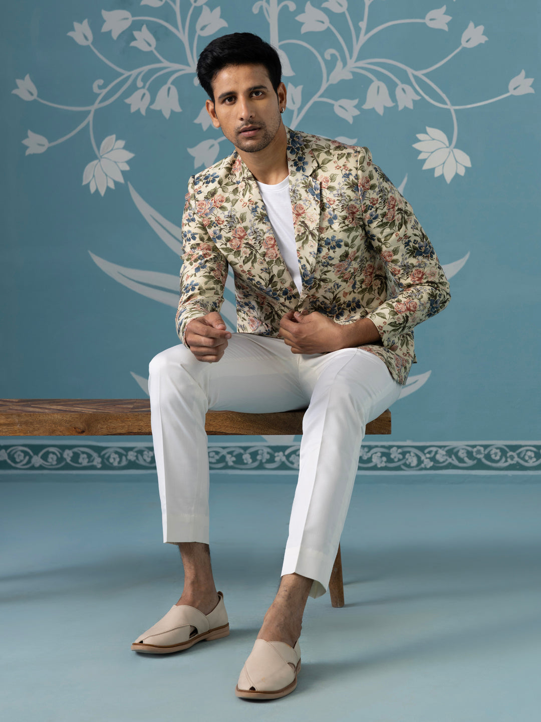 Beige Floral Printed Blazer Set