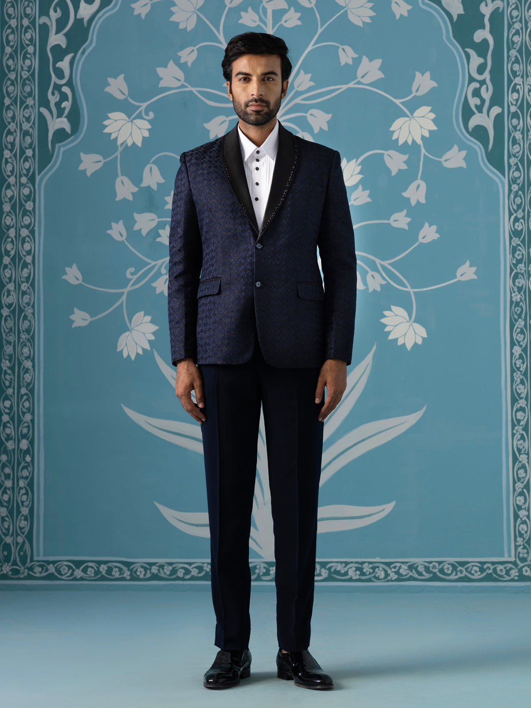 Navy Textured Blazer with Tuxedo Shirt