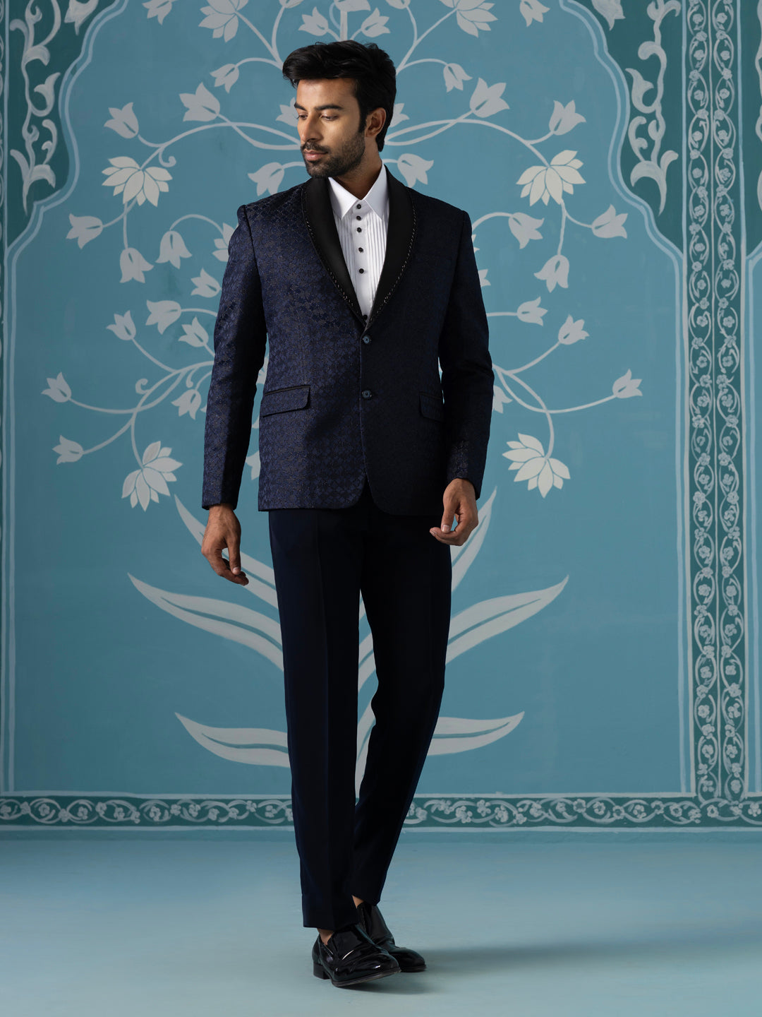 Navy Textured Blazer with Tuxedo Shirt