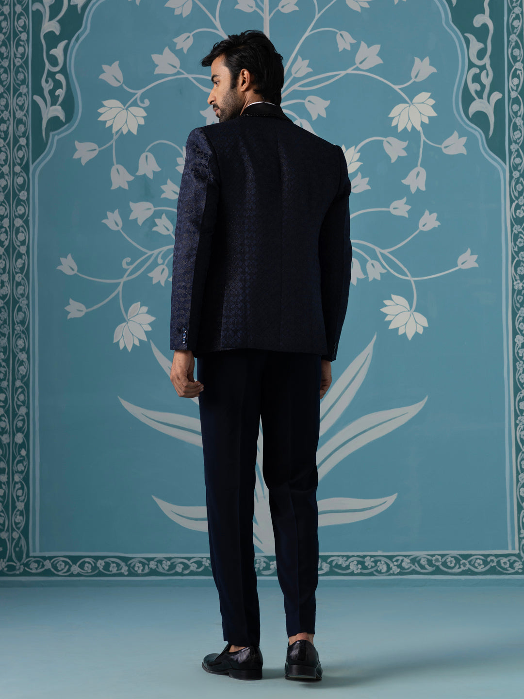 Navy Textured Blazer with Tuxedo Shirt