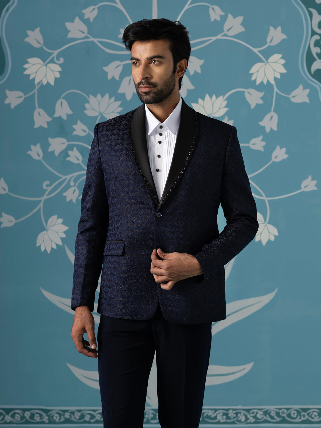 Navy Textured Blazer with Tuxedo Shirt