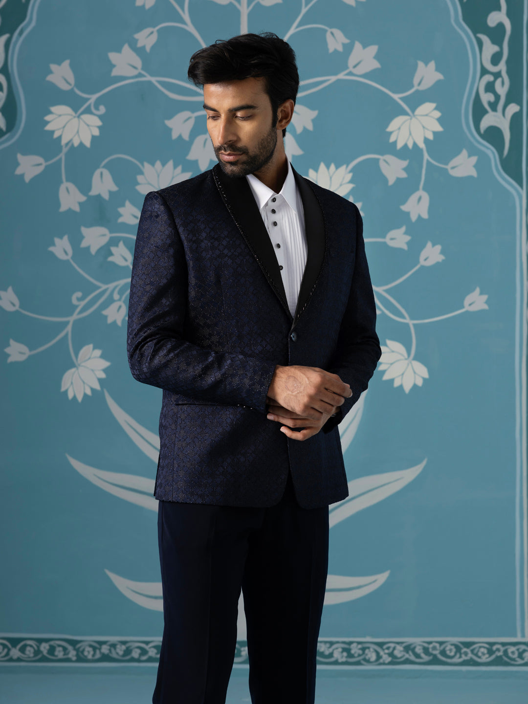 Navy Textured Blazer with Tuxedo Shirt