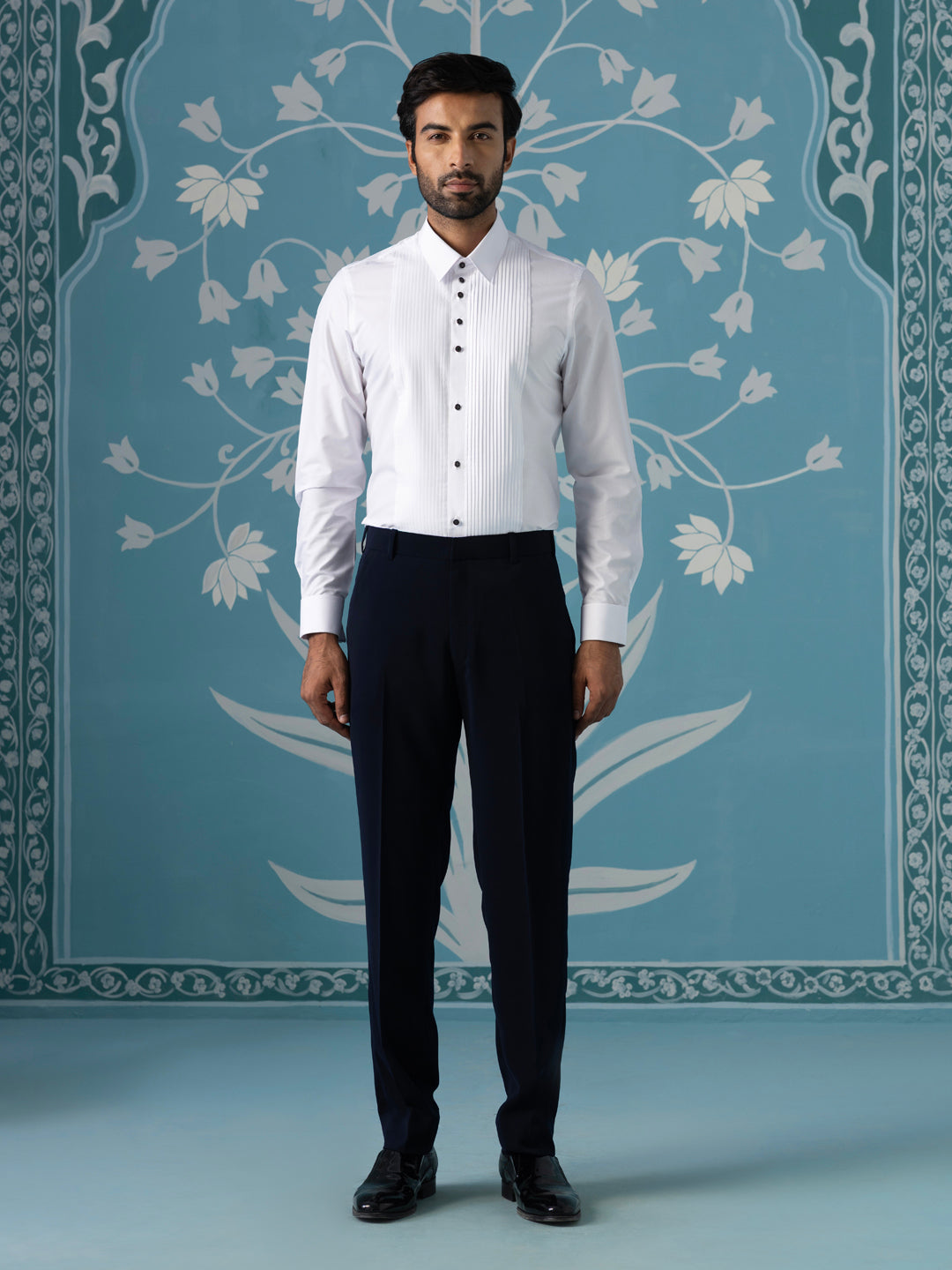 Navy Textured Blazer with Tuxedo Shirt