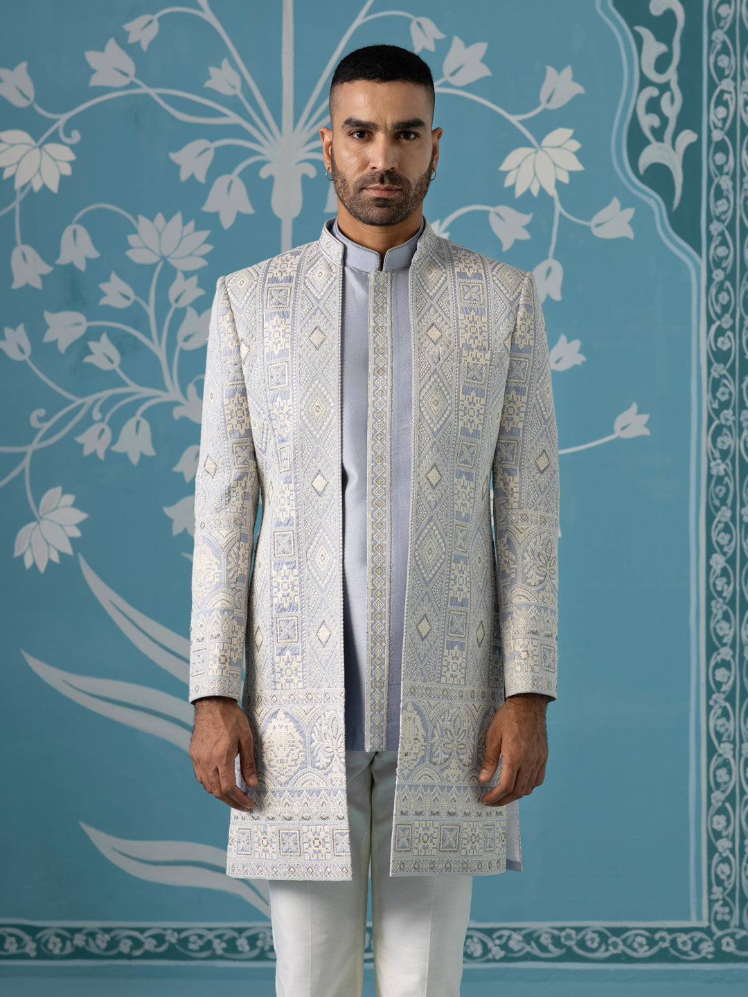 Light blue open indowestern set
