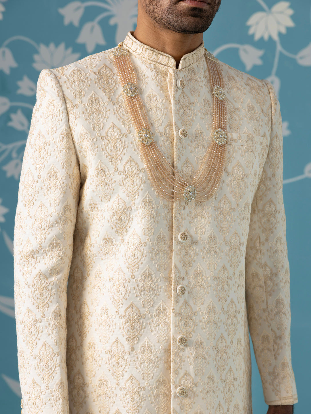 Off-White Sherwani with Beige Threadwork Embroidery