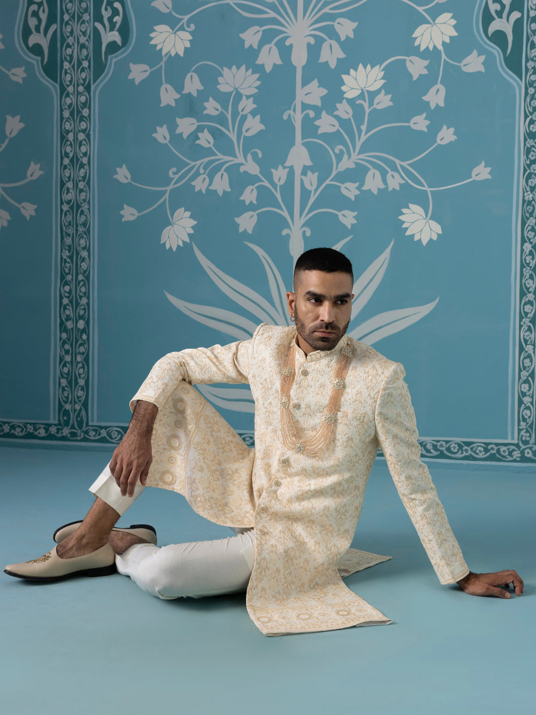 Off-White Sherwani with Beige Threadwork Embroidery
