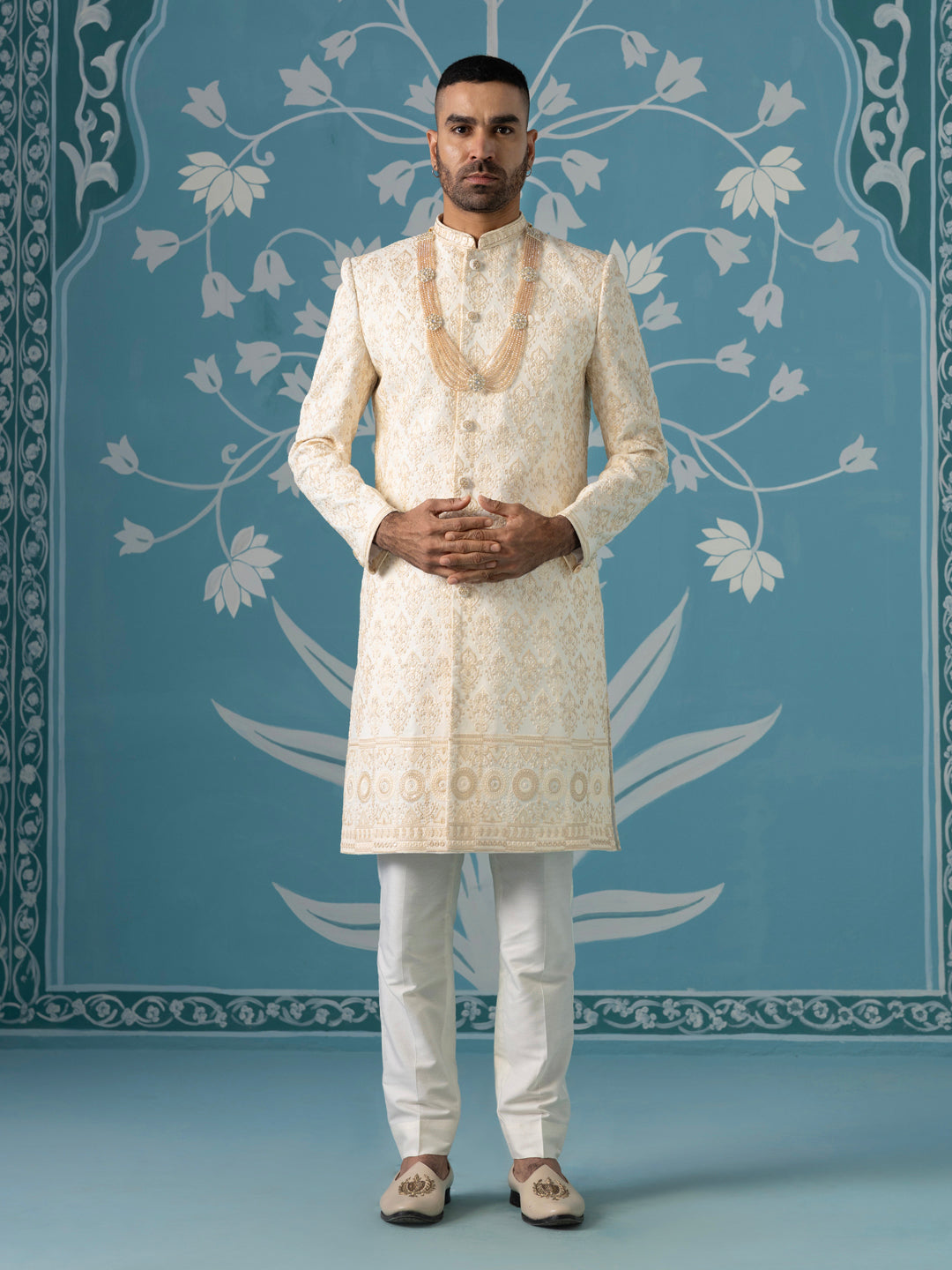 Off-White Sherwani with Beige Threadwork Embroidery